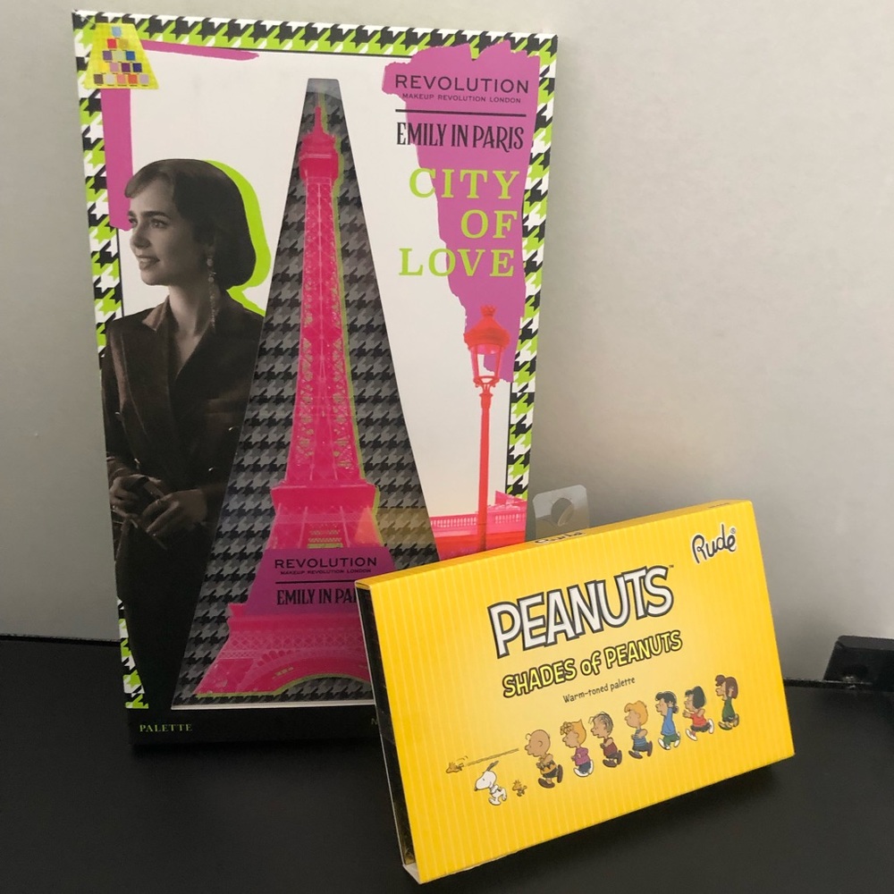 Makeup Revolution ”Emily in Paris“ and Rude ”Peanuts“/Snoopy Eyeshadow Palettes
